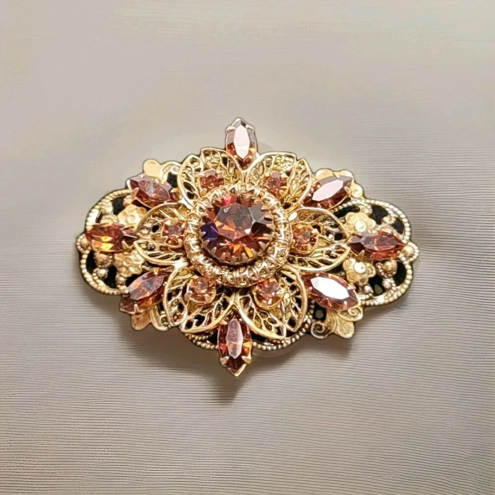 W Germany Dark Amber Oval Flower Brooch With Filagree